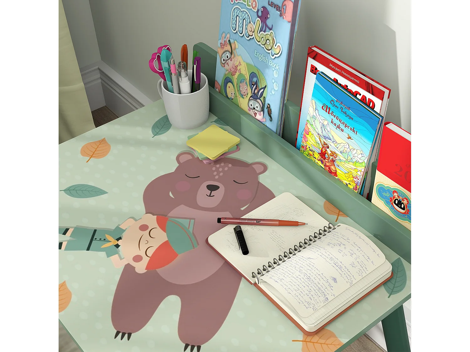 Set Sedia e tavolino per bambini con ripiano in legno verde