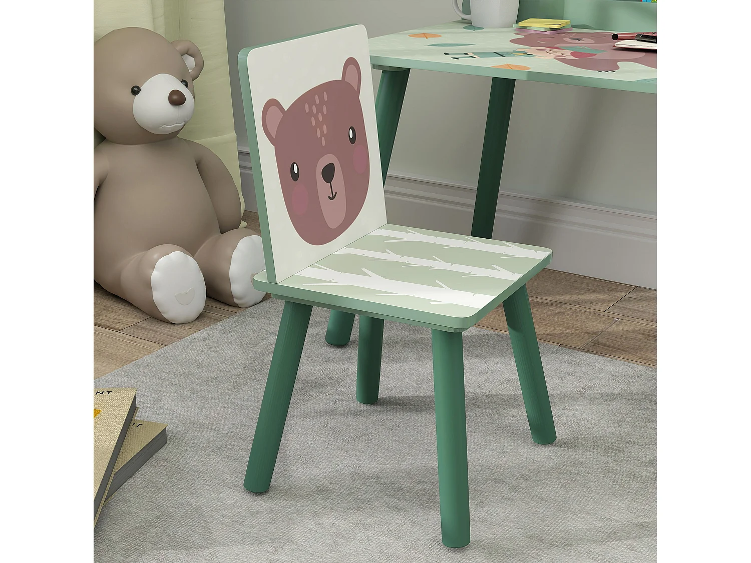 Set Sedia e tavolino per bambini con ripiano in legno verde