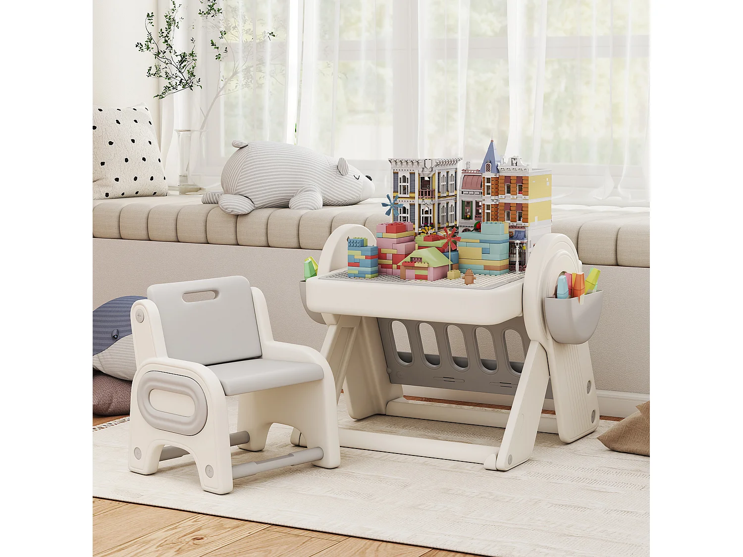 Set tavolo multiuso per bambini con sedia in hdpe e pp grigio e bianco