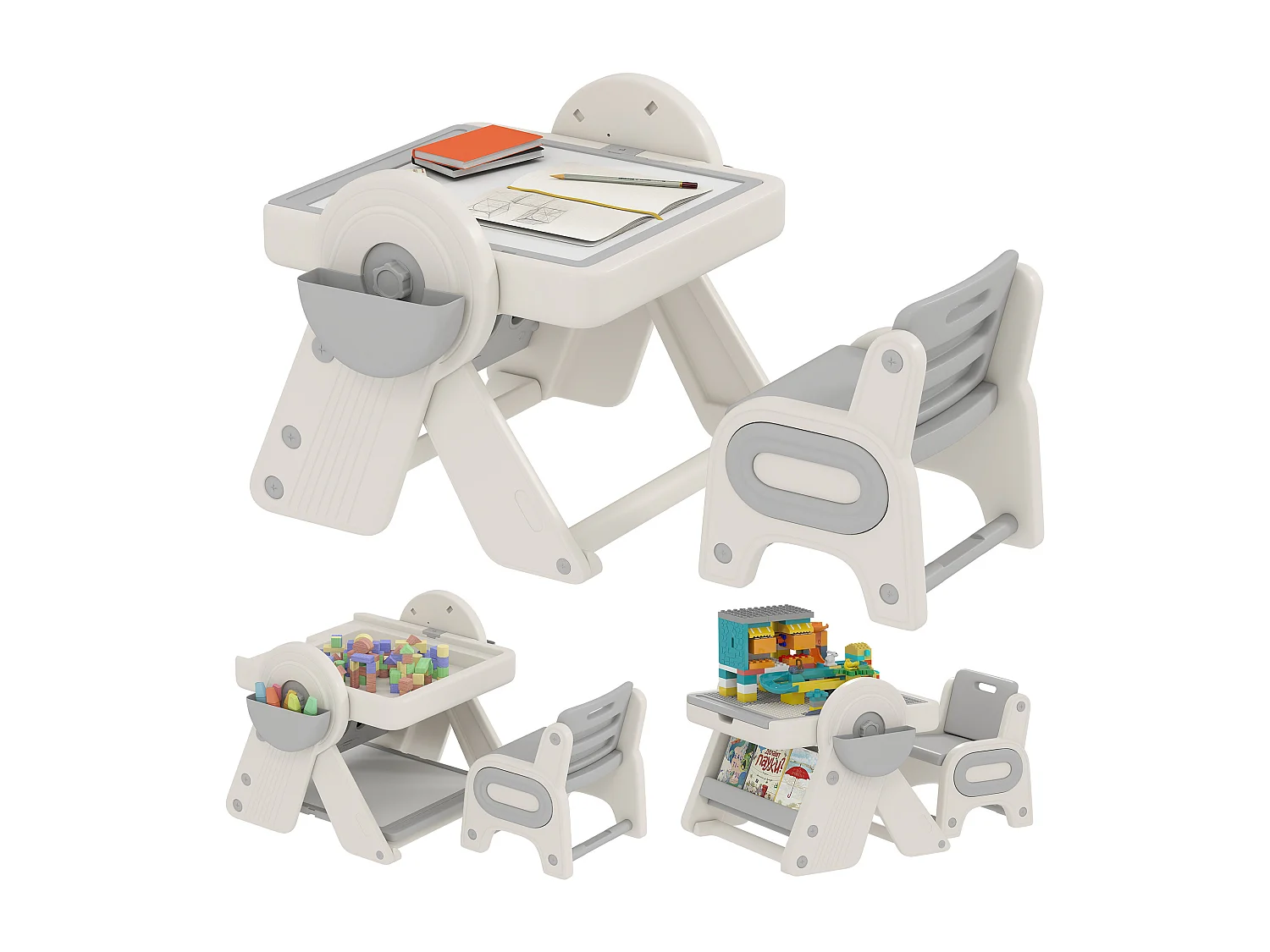 Set tavolo multiuso per bambini con sedia in hdpe e pp grigio e bianco