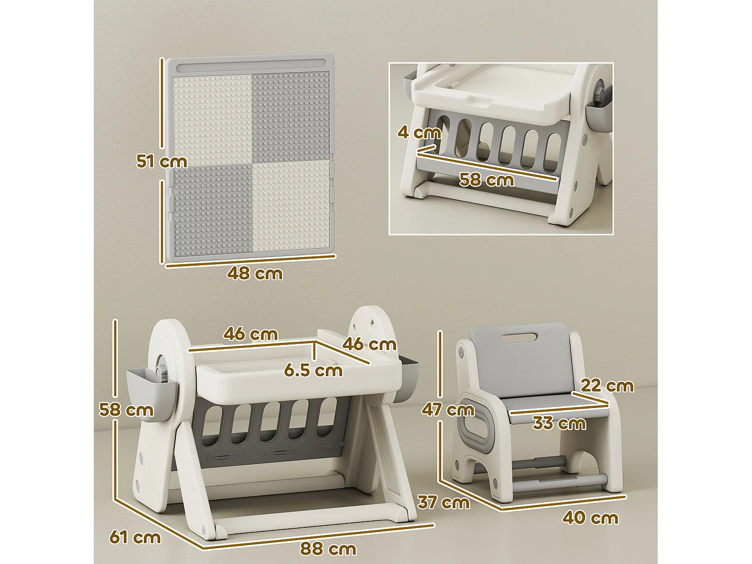 Set tavolo multiuso per bambini con sedia in hdpe e pp grigio e bianco