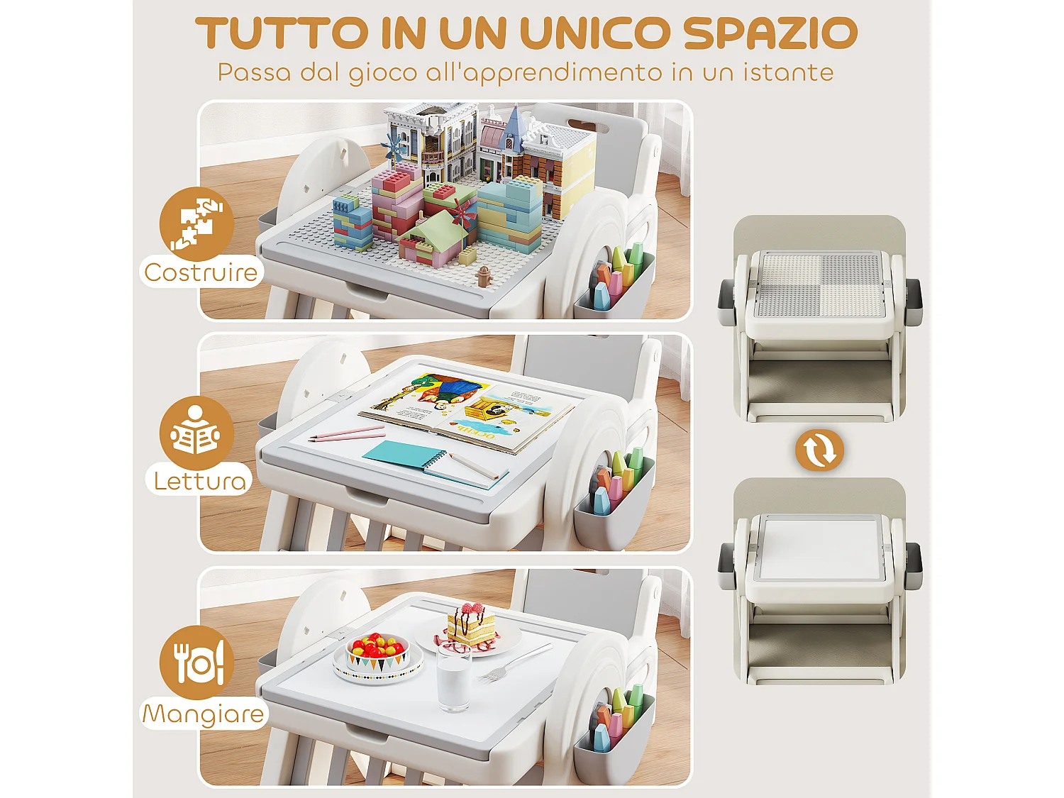 Set tavolo multiuso per bambini con sedia in hdpe e pp grigio e bianco