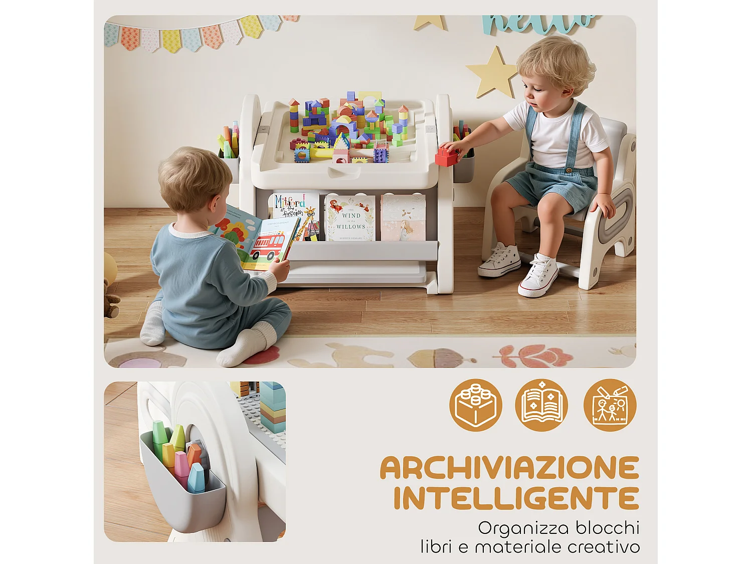 Set tavolo multiuso per bambini con sedia in hdpe e pp grigio e bianco