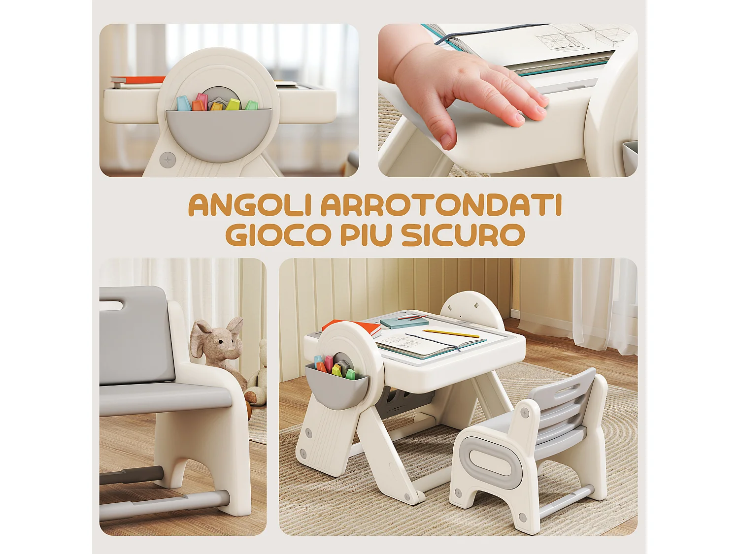 Set tavolo multiuso per bambini con sedia in hdpe e pp grigio e bianco