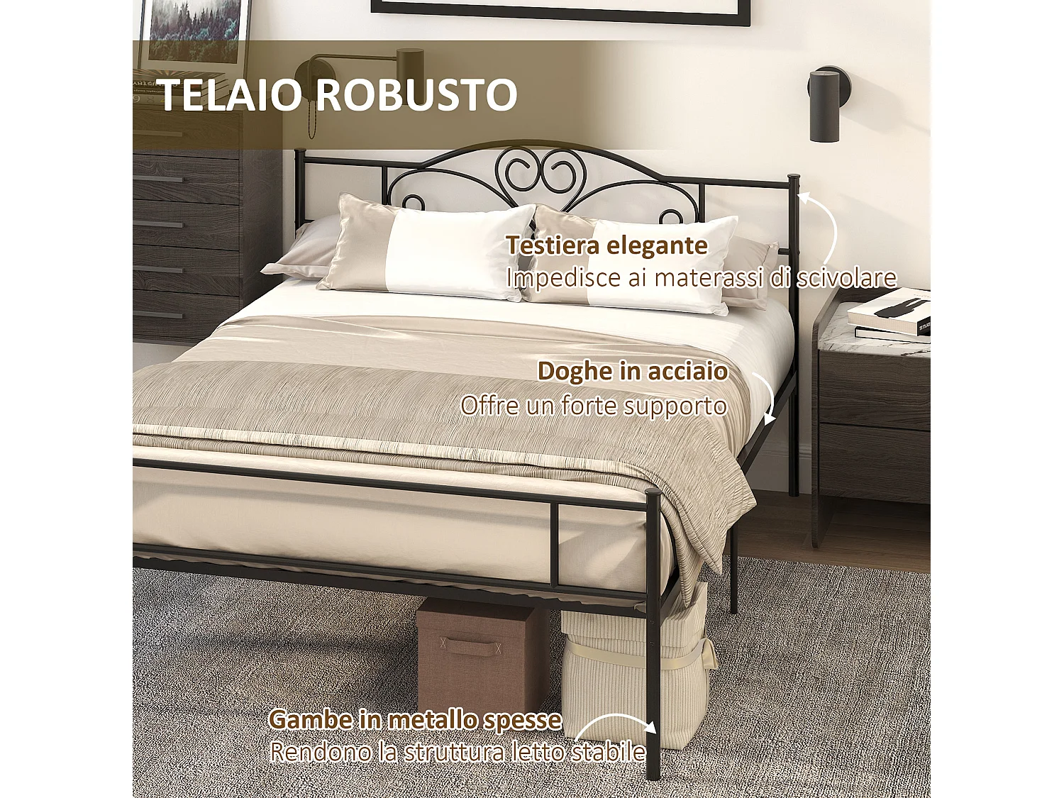 Letto matrimoniale 160x200cm acciaio doghe integrate testiera