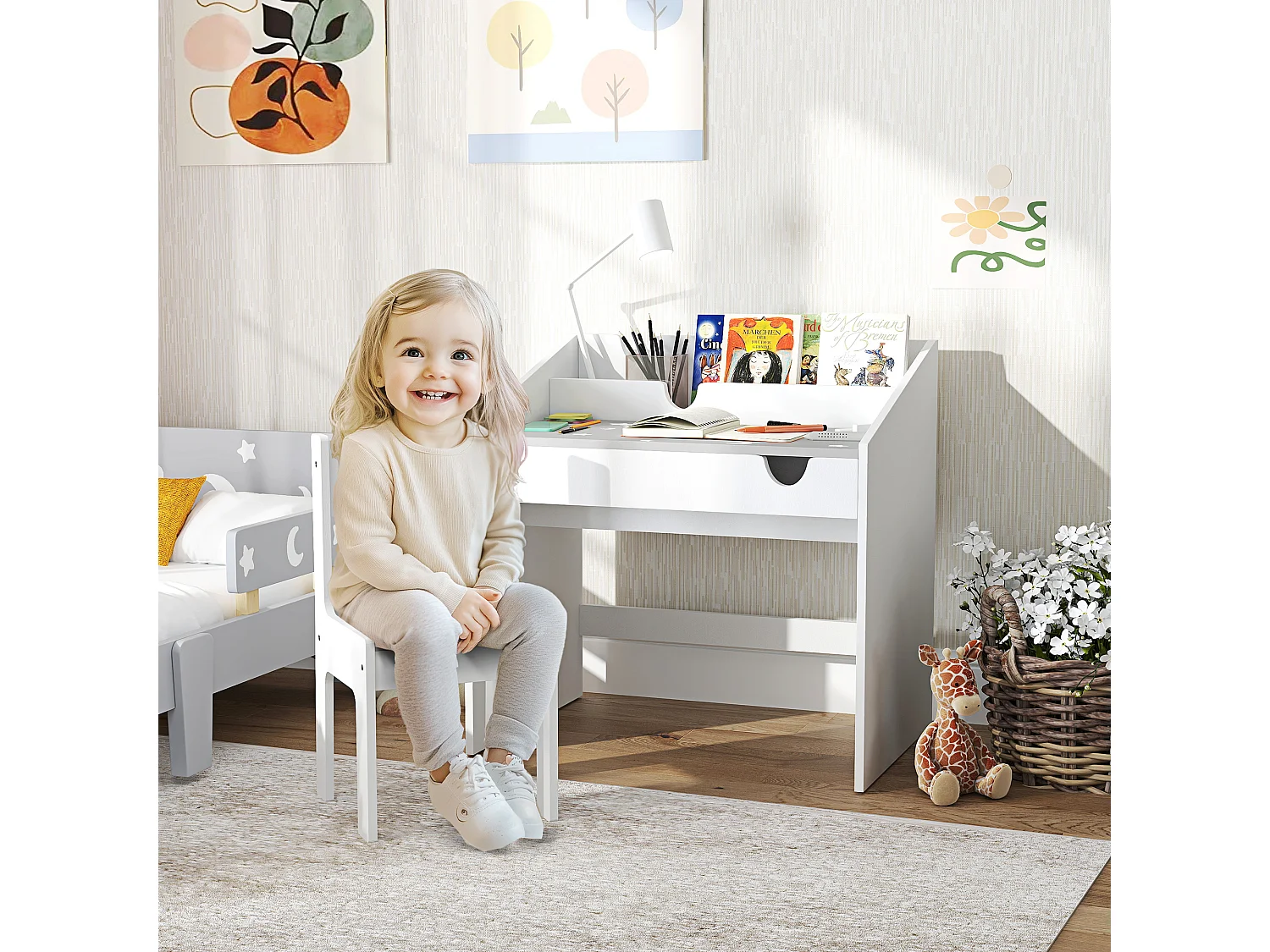 Set sedia e tavolino per bambini con organizer e cassetto grigio