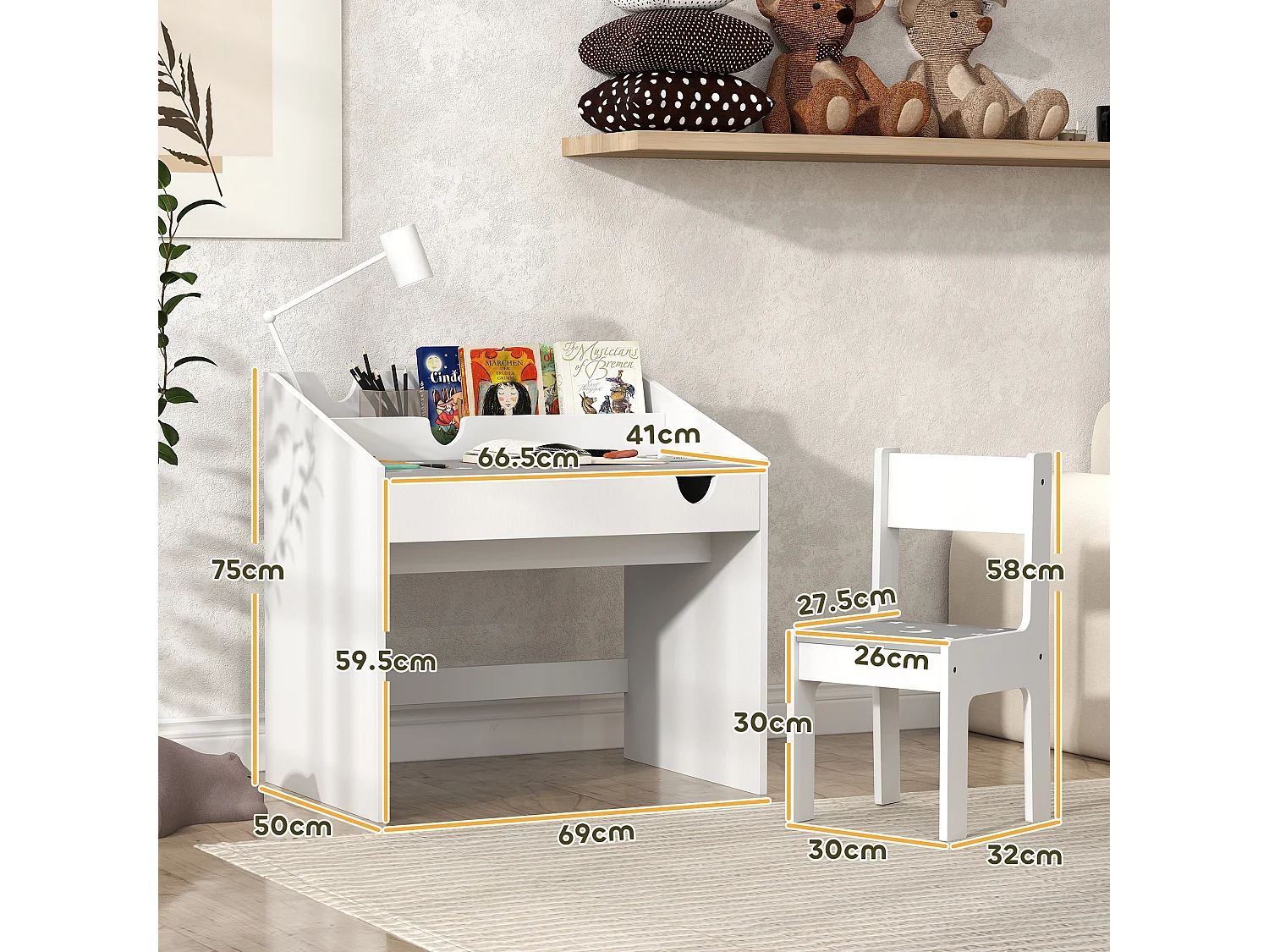 Set sedia e tavolino per bambini con organizer e cassetto grigio