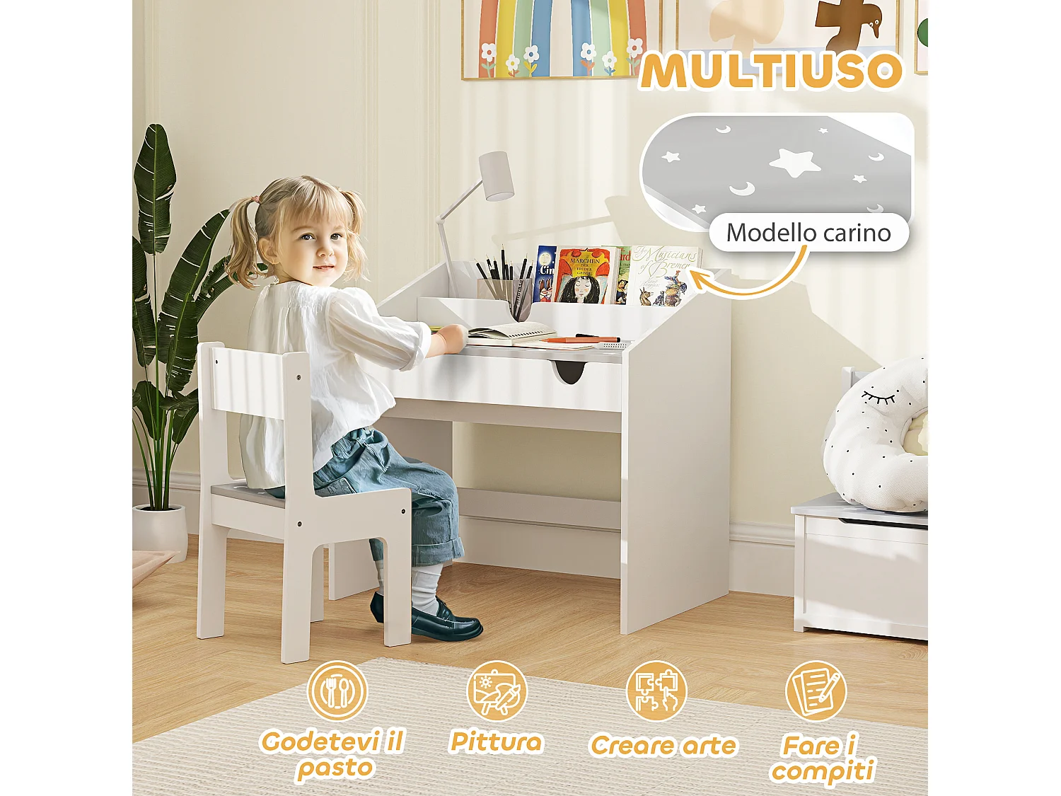 Set sedia e tavolino per bambini con organizer e cassetto grigio