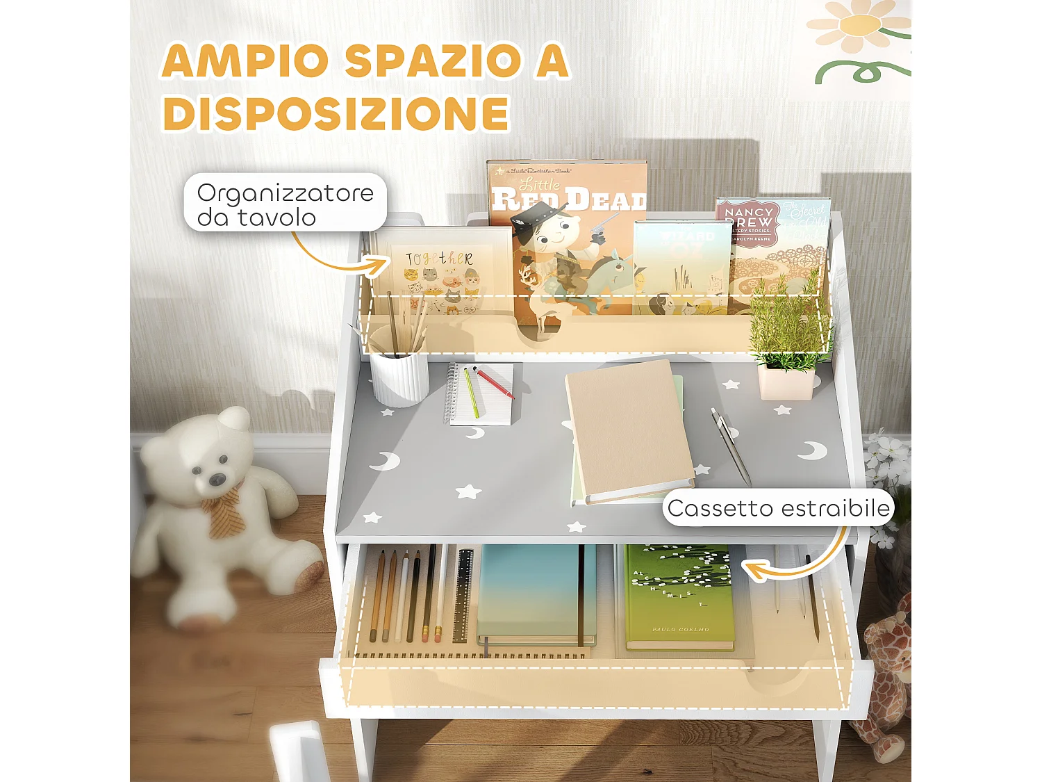 Set sedia e tavolino per bambini con organizer e cassetto grigio