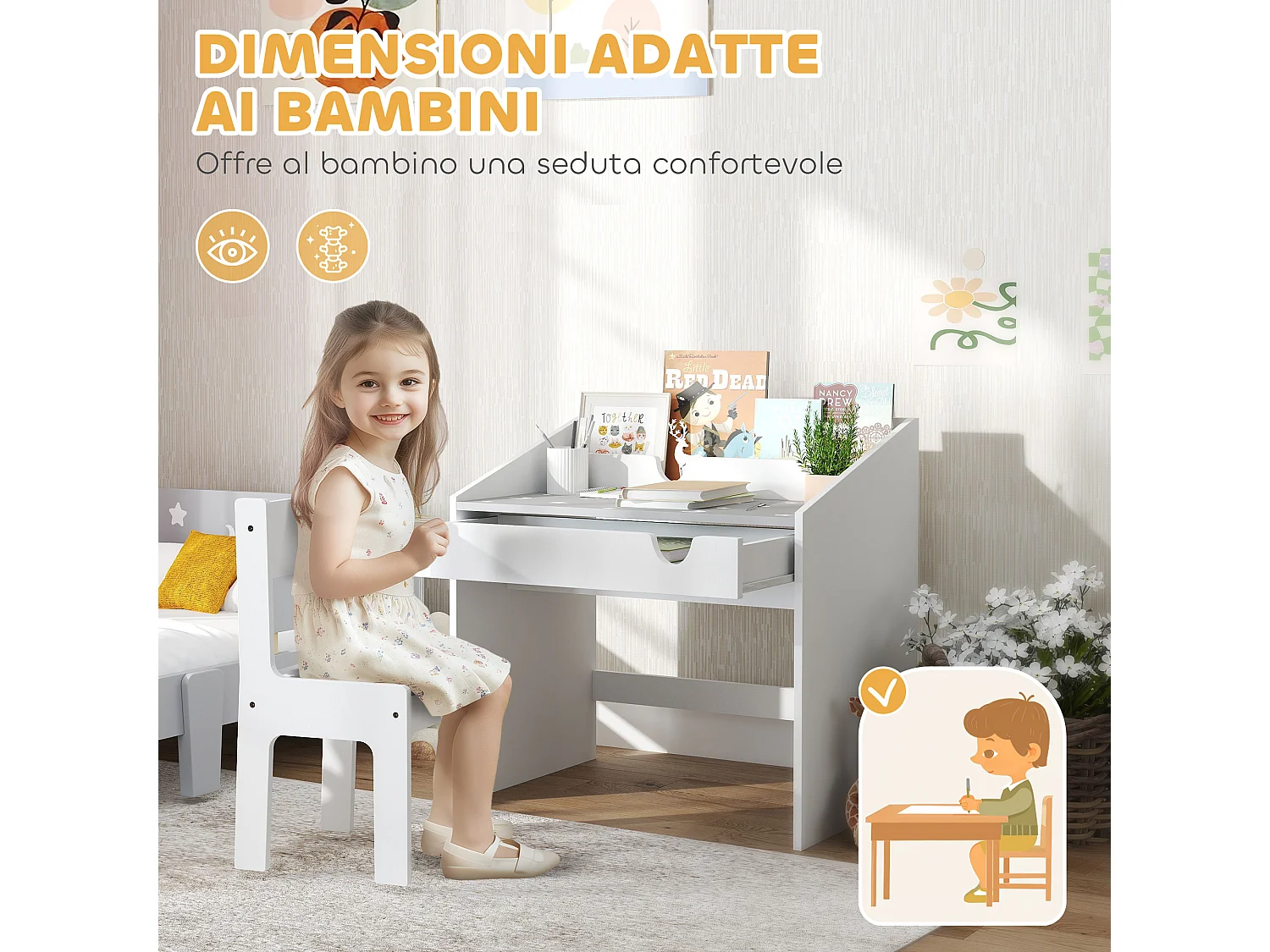 Set sedia e tavolino per bambini con organizer e cassetto grigio