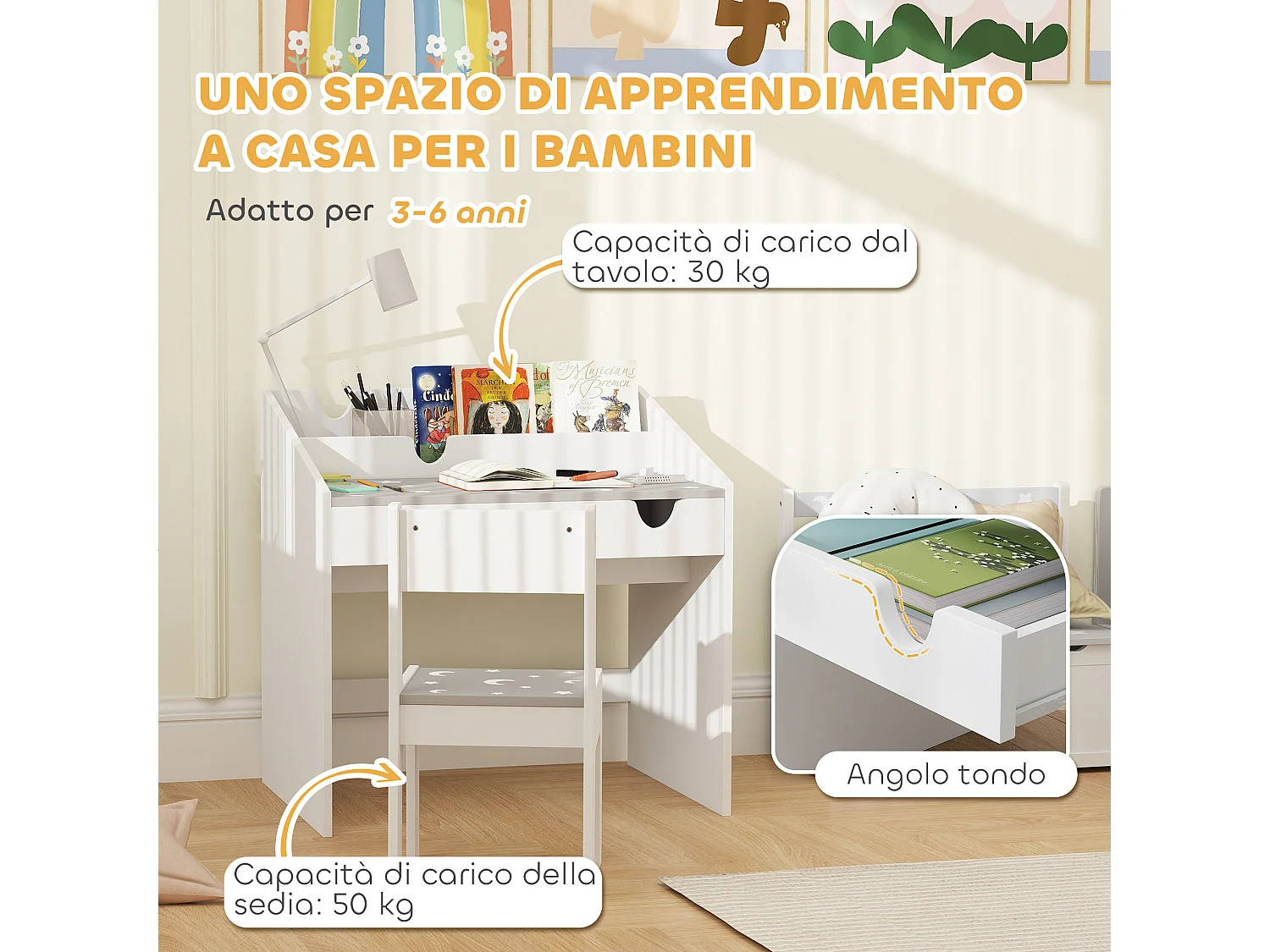 Set sedia e tavolino per bambini con organizer e cassetto grigio
