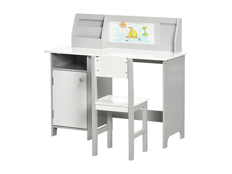 Set per bambini con banco scuola con lavagna e sedia bianco grigio