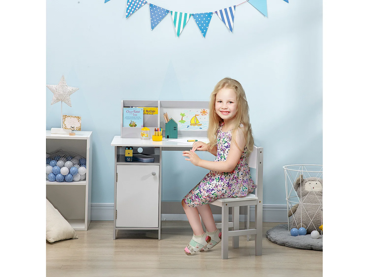 Set per bambini con banco scuola con lavagna e sedia bianco grigio