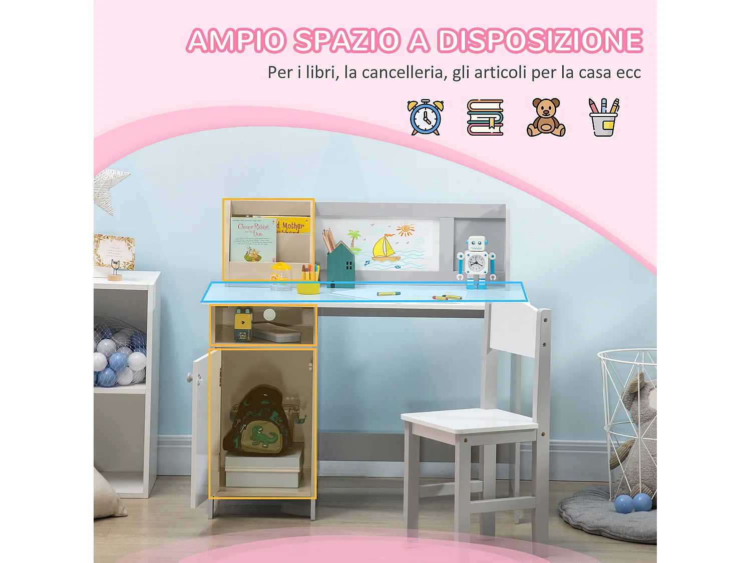 Set per bambini con banco scuola con lavagna e sedia bianco grigio