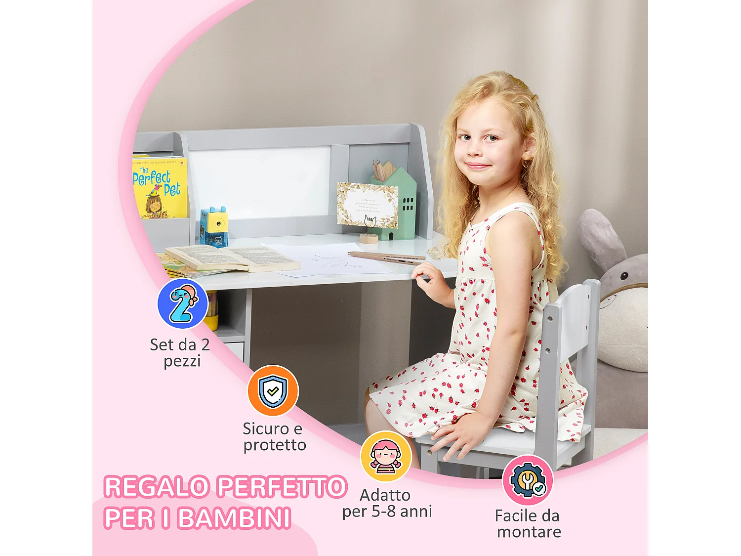 Set per bambini con banco scuola con lavagna e sedia bianco grigio