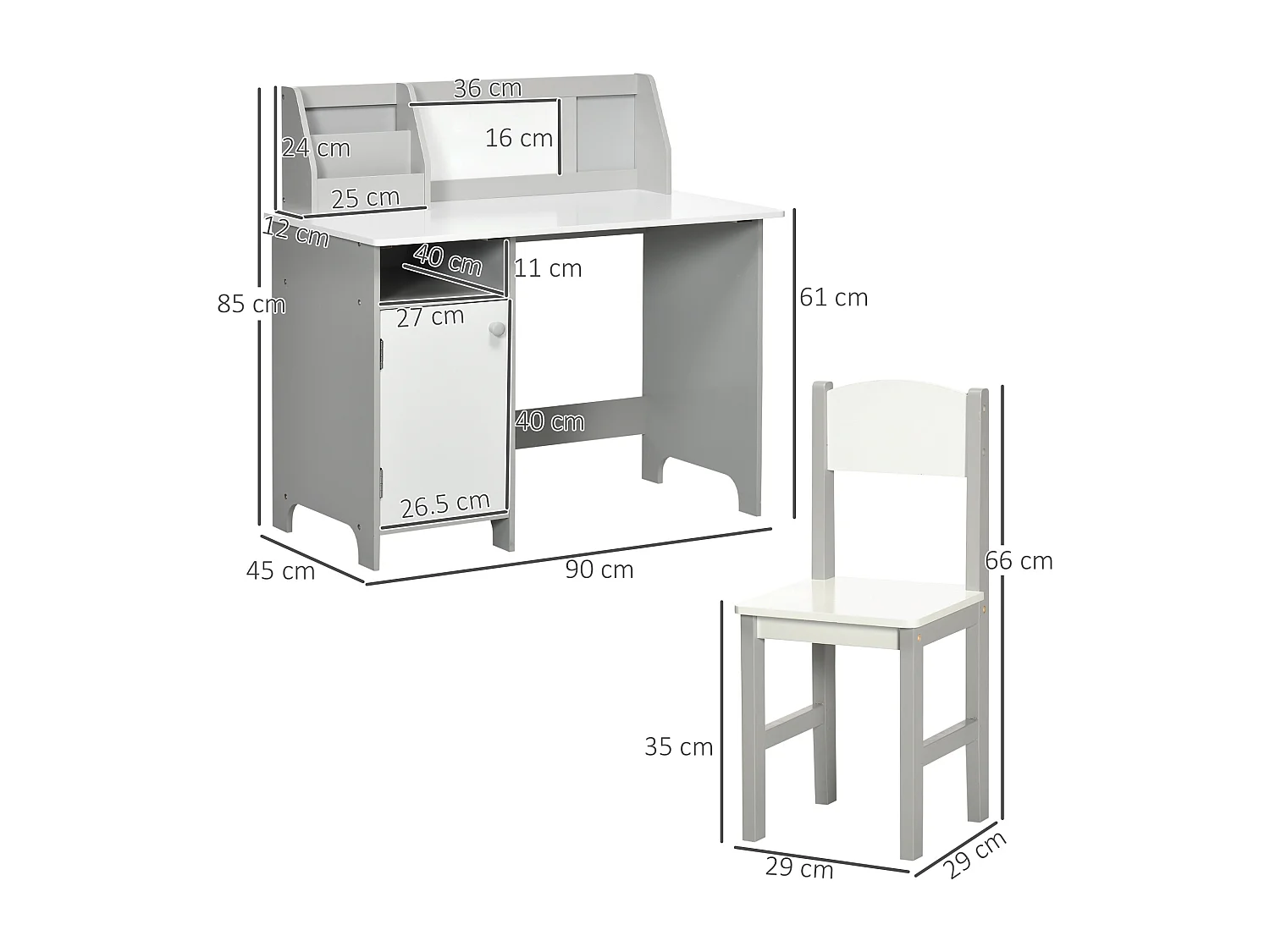 Set per bambini con banco scuola con lavagna e sedia bianco grigio