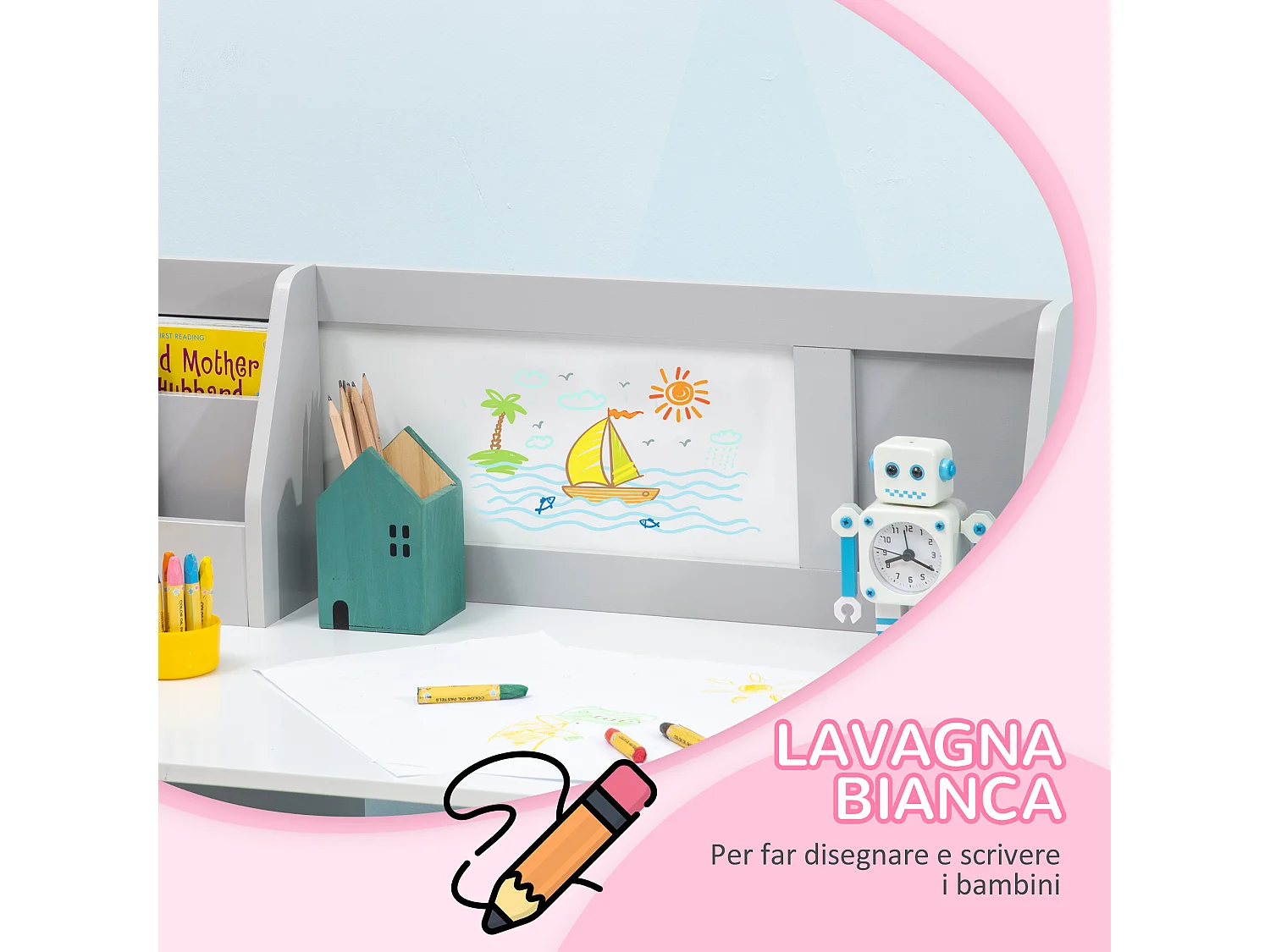 Set per bambini con banco scuola con lavagna e sedia bianco grigio