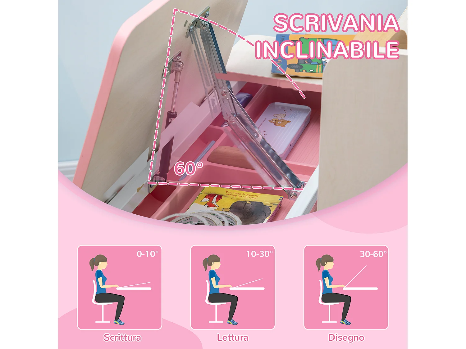 Set scrivania e sedia per bambini da 3 anni regolabile rosa