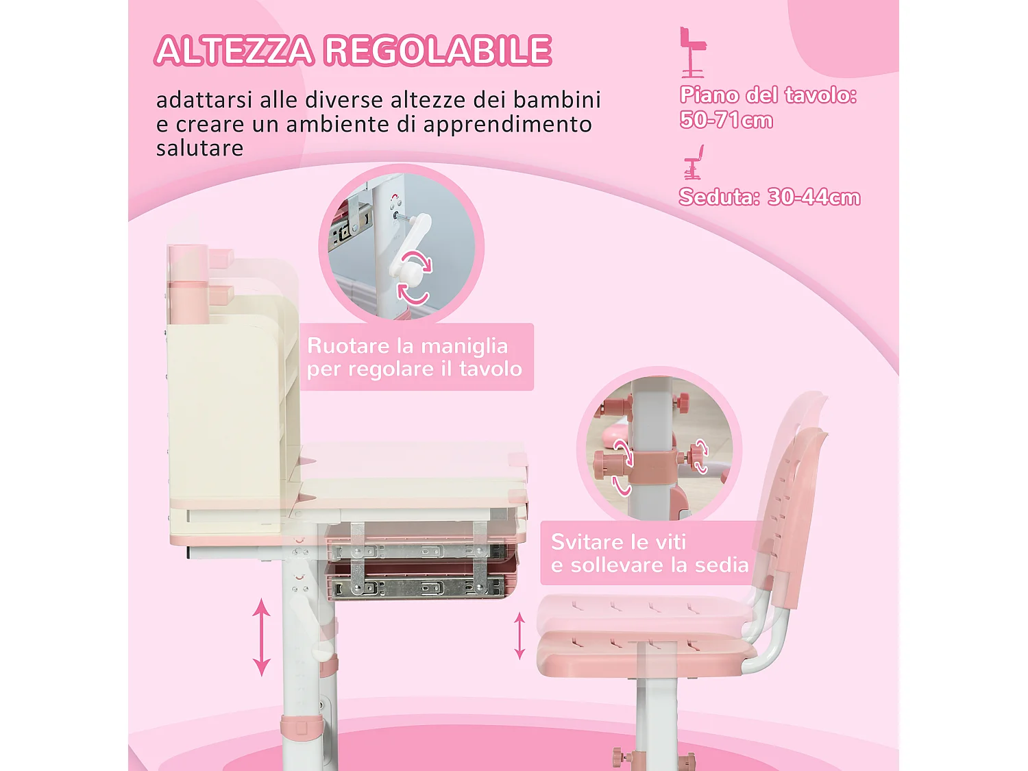 Set scrivania e sedia per bambini da 3 anni regolabile rosa