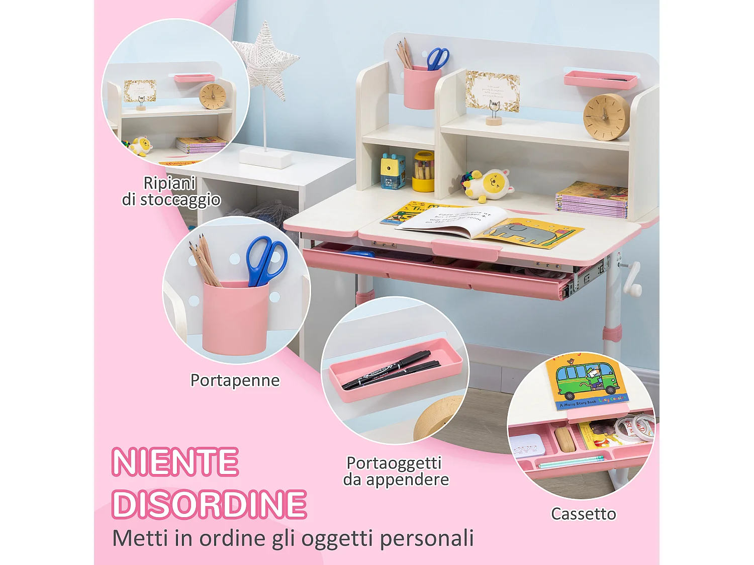 Set scrivania e sedia per bambini da 3 anni regolabile rosa