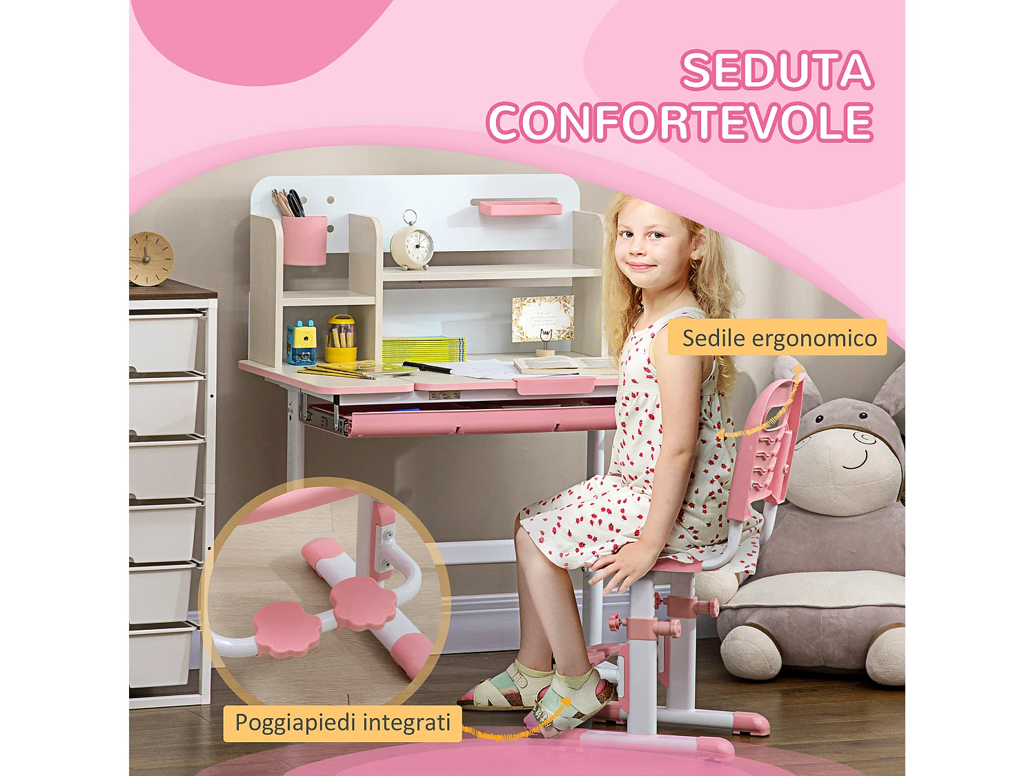 Set scrivania e sedia per bambini da 3 anni regolabile rosa