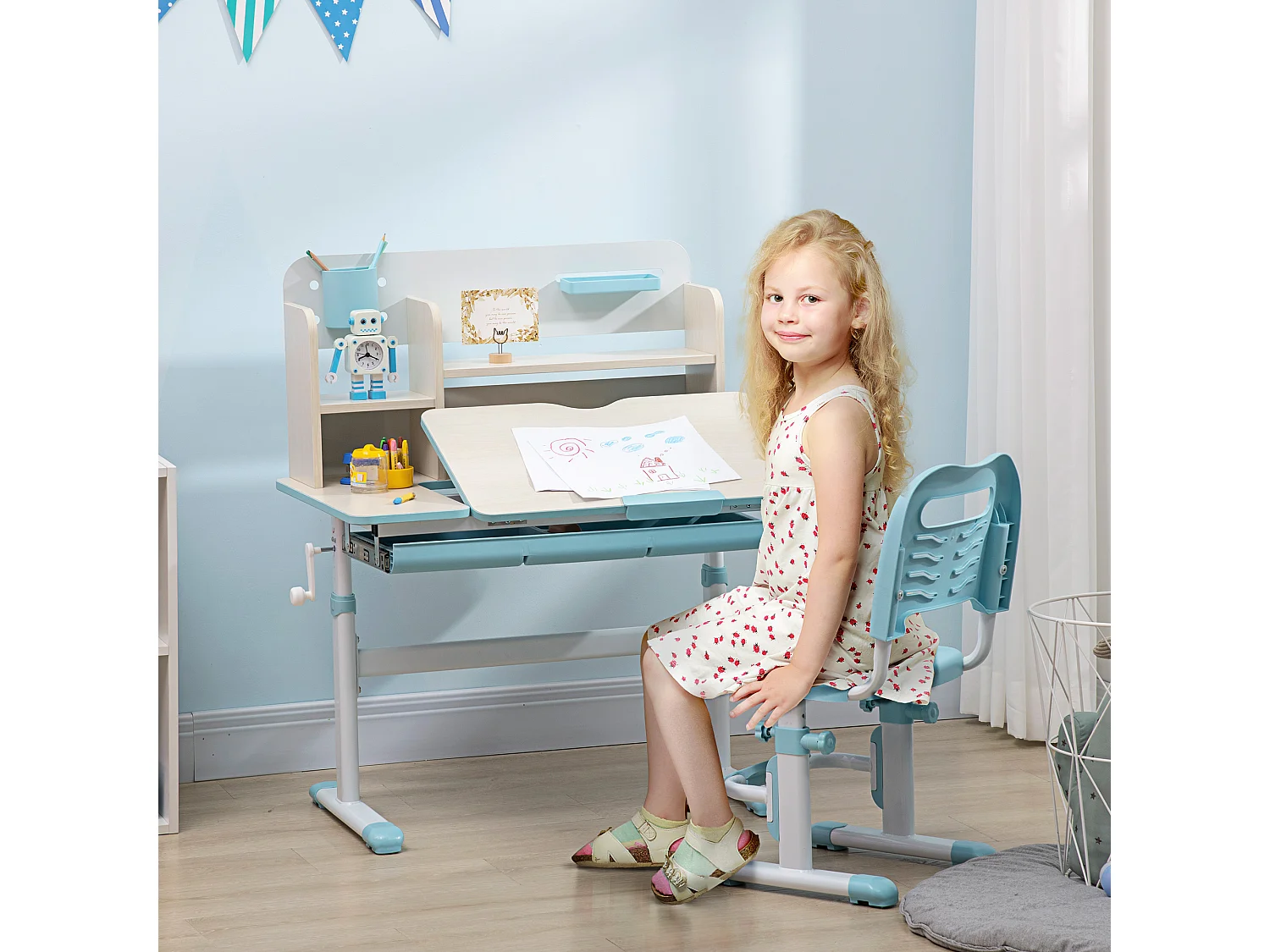Set scrivania e sedia per bambini da 3 anni regolabile blu