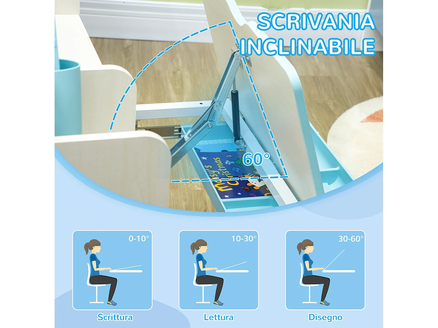 Set scrivania e sedia per bambini da 3 anni regolabile blu