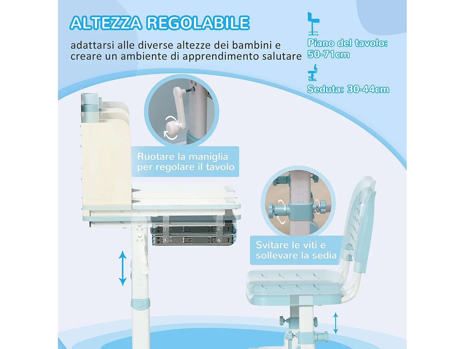Set scrivania e sedia per bambini da 3 anni regolabile blu