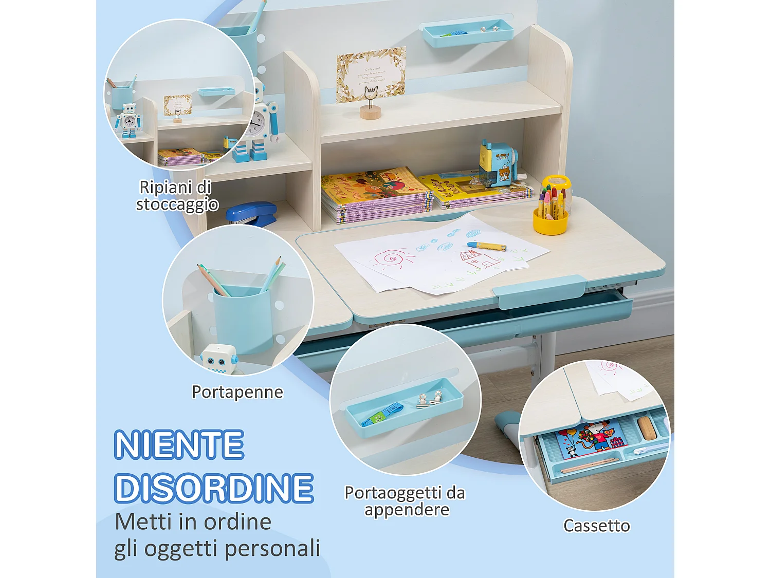 Set scrivania e sedia per bambini da 3 anni regolabile blu