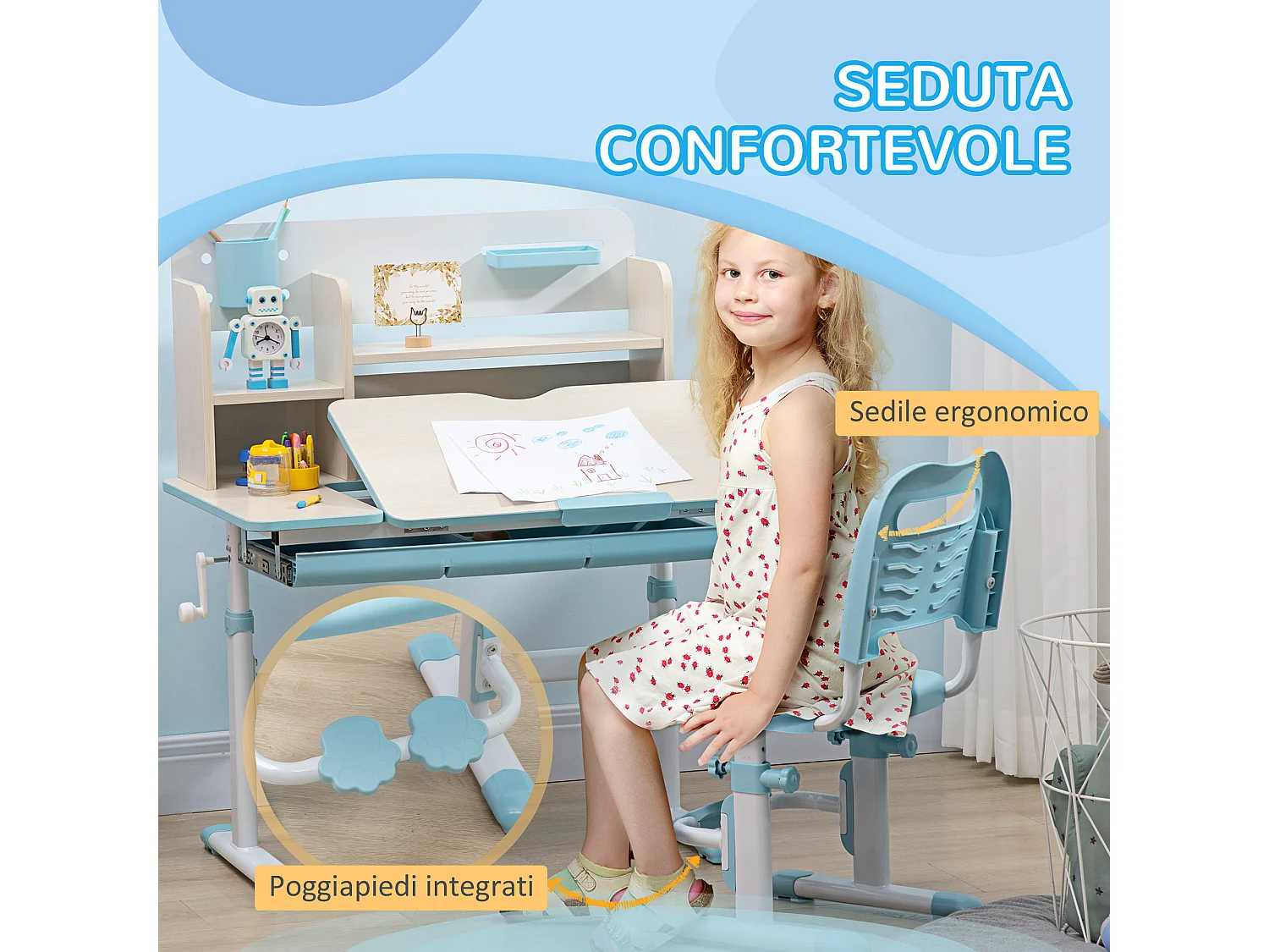 Set scrivania e sedia per bambini da 3 anni regolabile blu