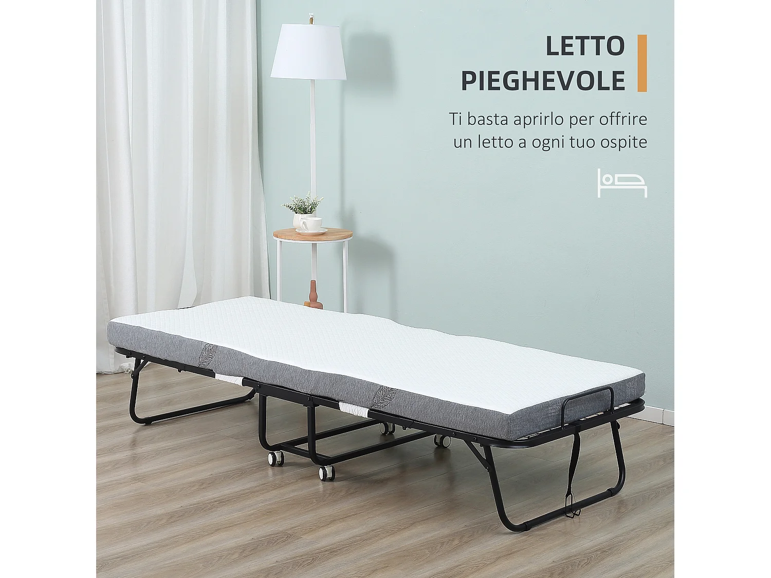 Letto pieghevole 90x200 cm con materasso e ruote con freno