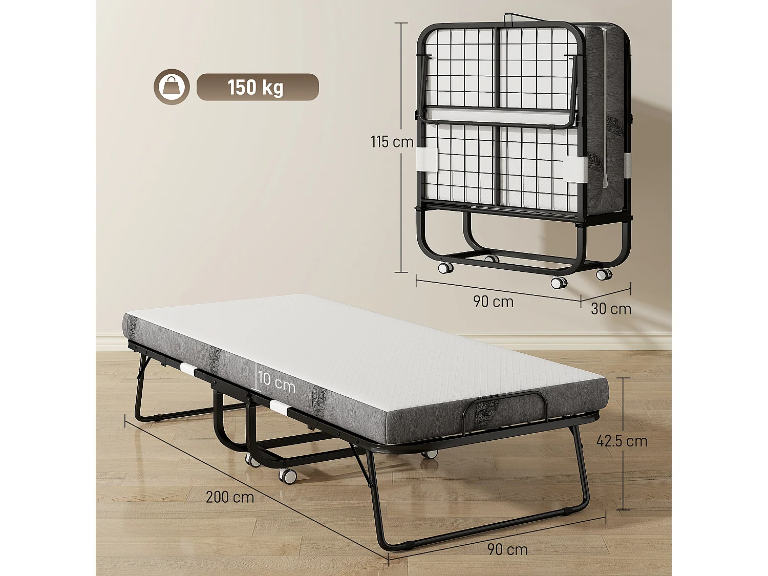 Letto pieghevole 90x200 cm con materasso e ruote con freno