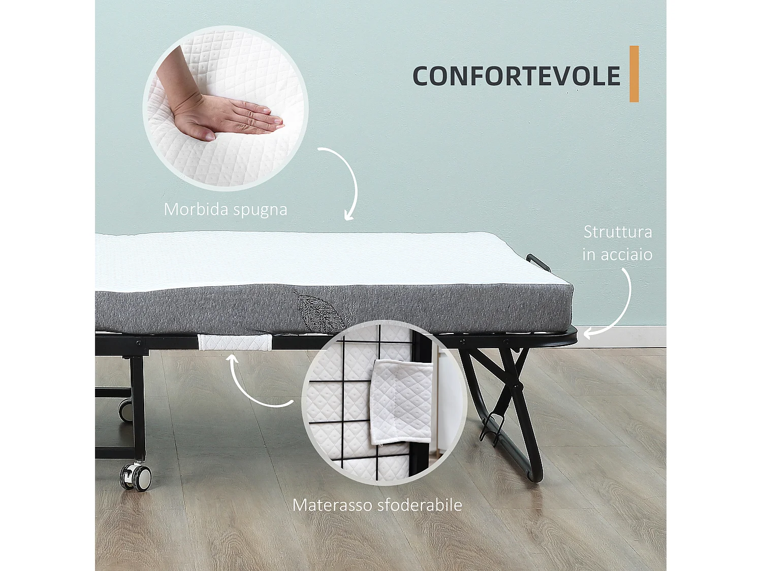 Letto pieghevole 90x200 cm con materasso e ruote con freno