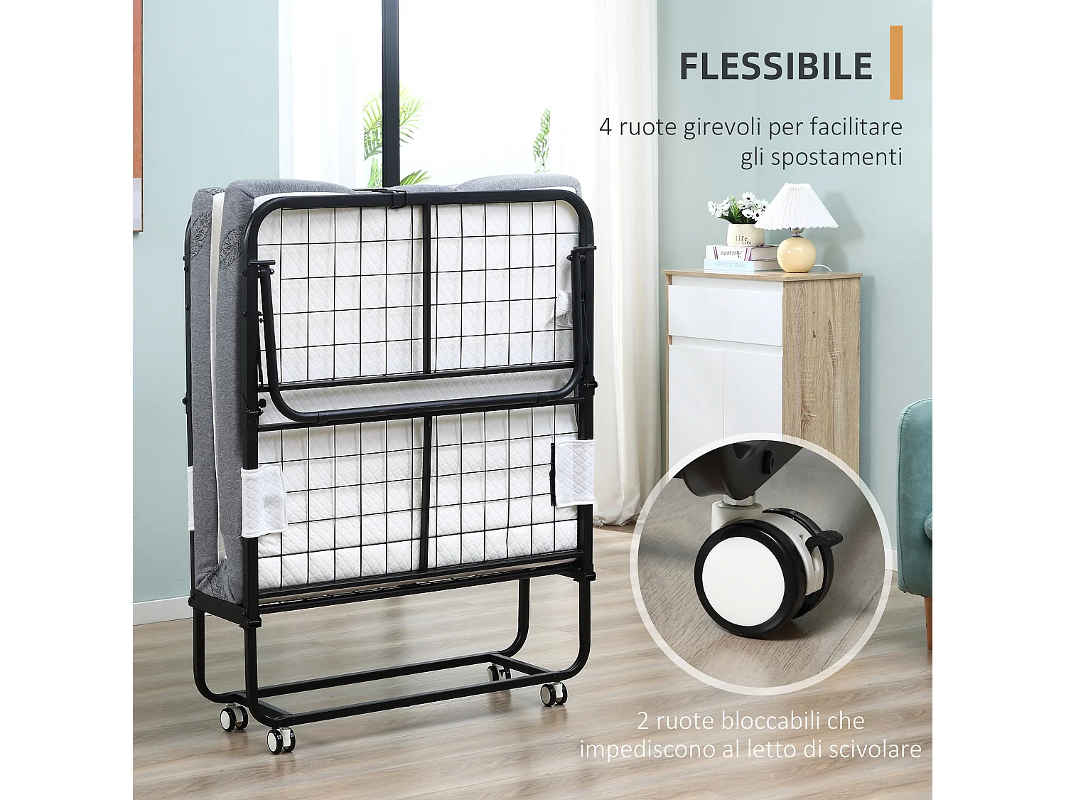 Letto pieghevole 90x200 cm con materasso e ruote con freno