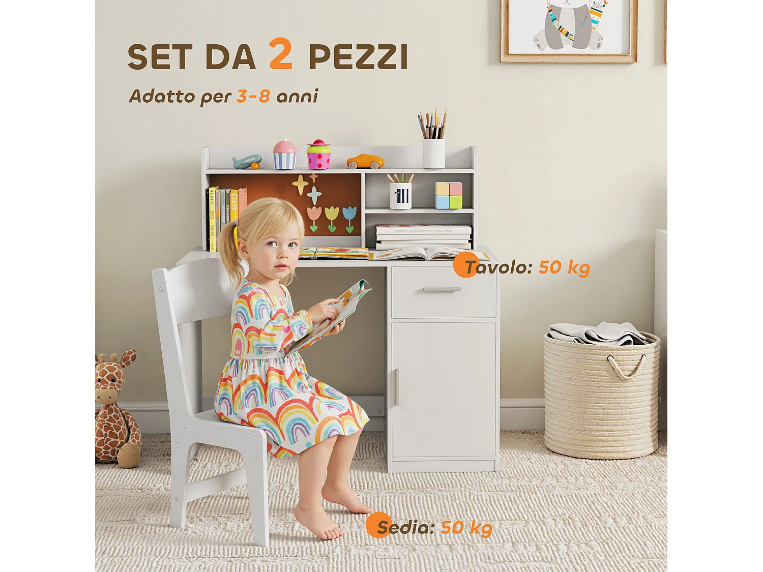 Scrivania bambini con scaffali, armadietto, cassetto e sedia bianco