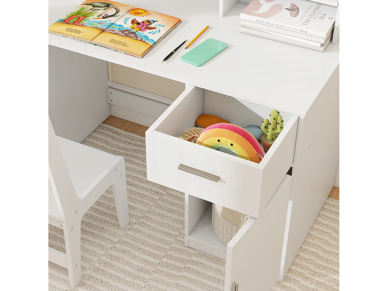 Scrivania bambini con scaffali, armadietto, cassetto e sedia bianco