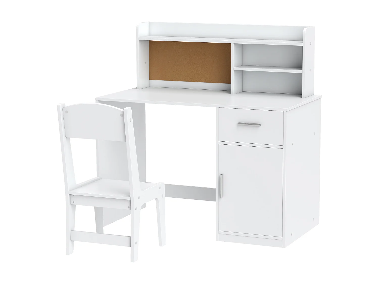 Scrivania bambini con scaffali, armadietto, cassetto e sedia bianco