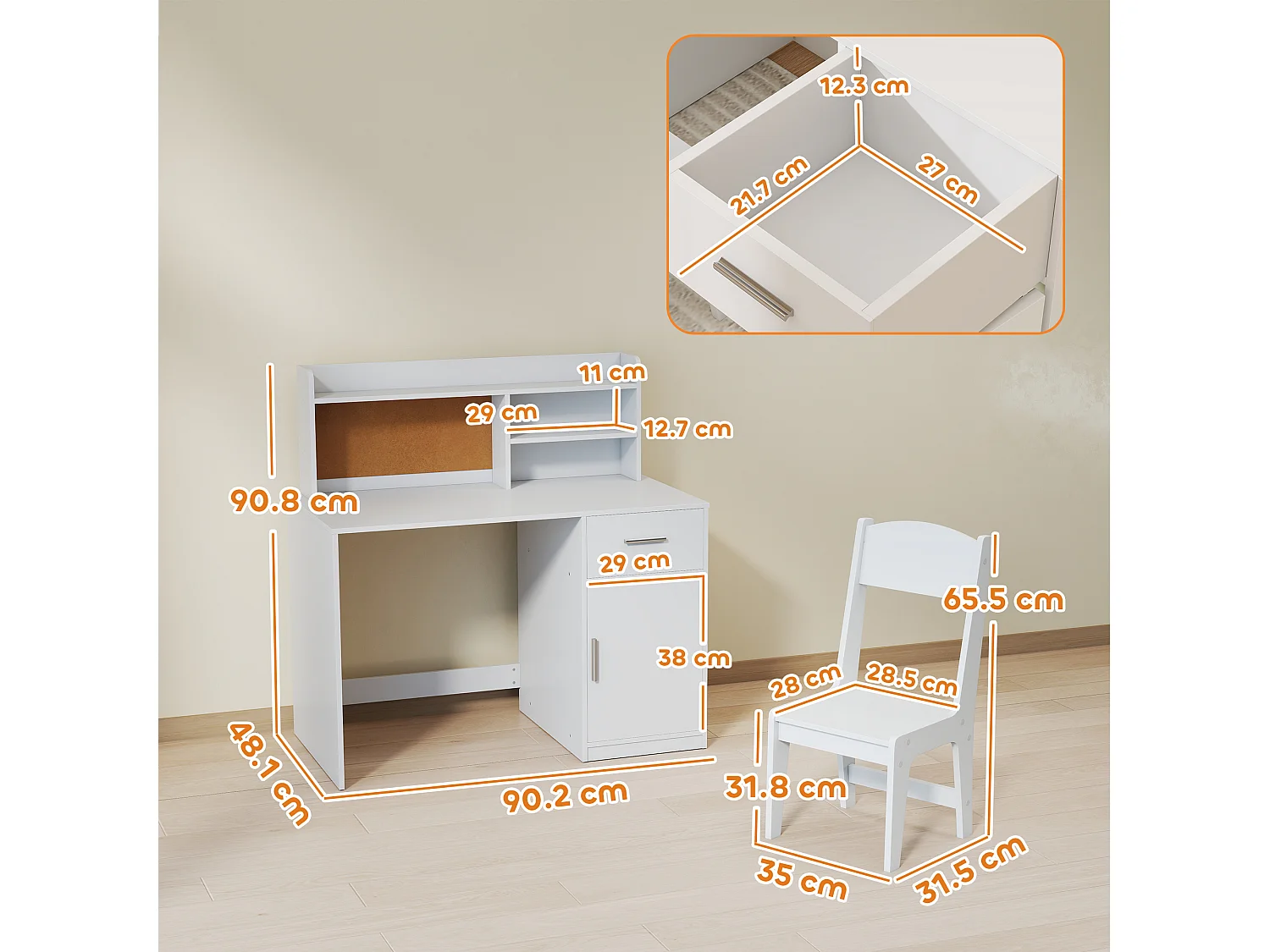 Scrivania bambini con scaffali, armadietto, cassetto e sedia bianco