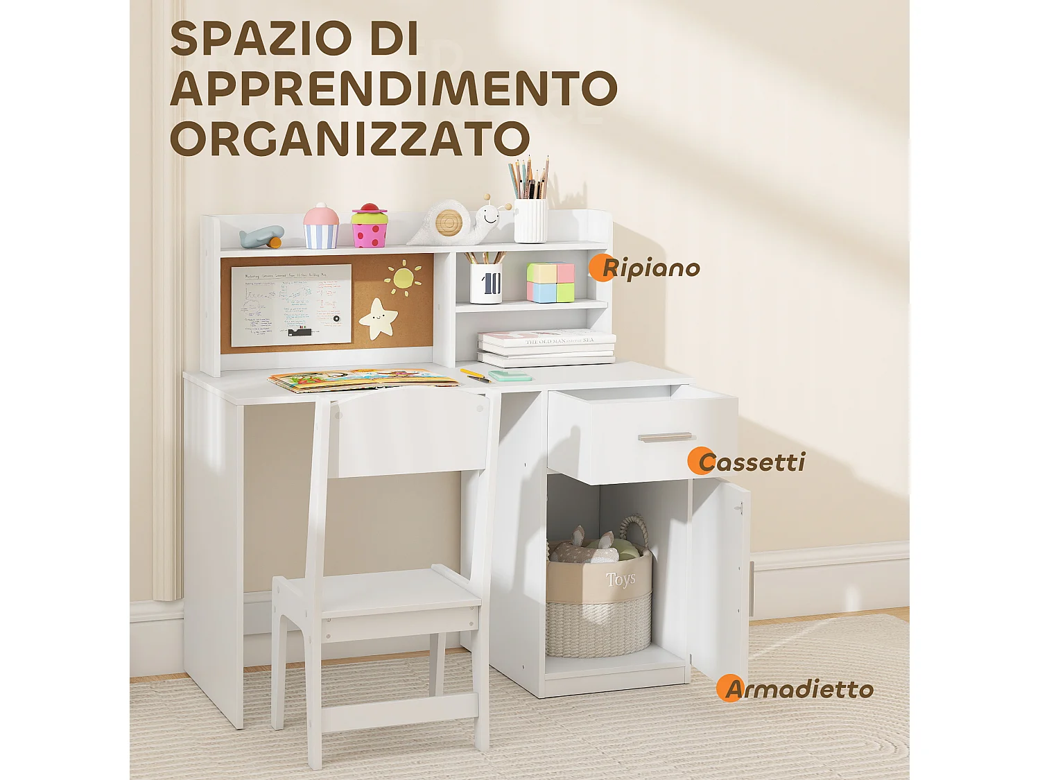 Scrivania bambini con scaffali, armadietto, cassetto e sedia bianco
