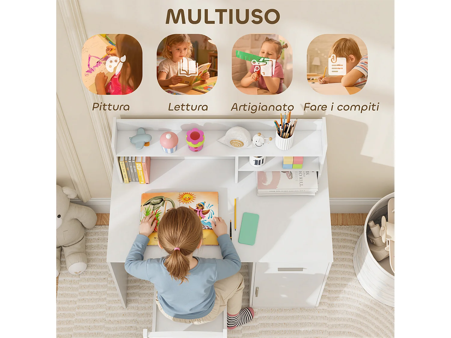 Scrivania bambini con scaffali, armadietto, cassetto e sedia bianco