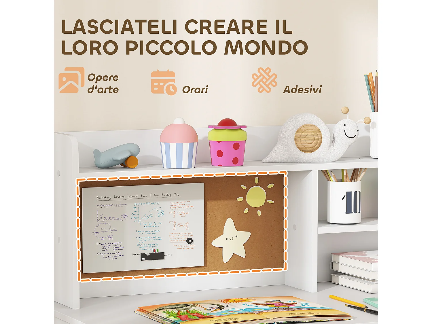 Scrivania bambini con scaffali, armadietto, cassetto e sedia bianco