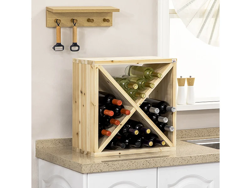 Mobiletto portabottiglie 4 sezioni in legno naturale colore legno