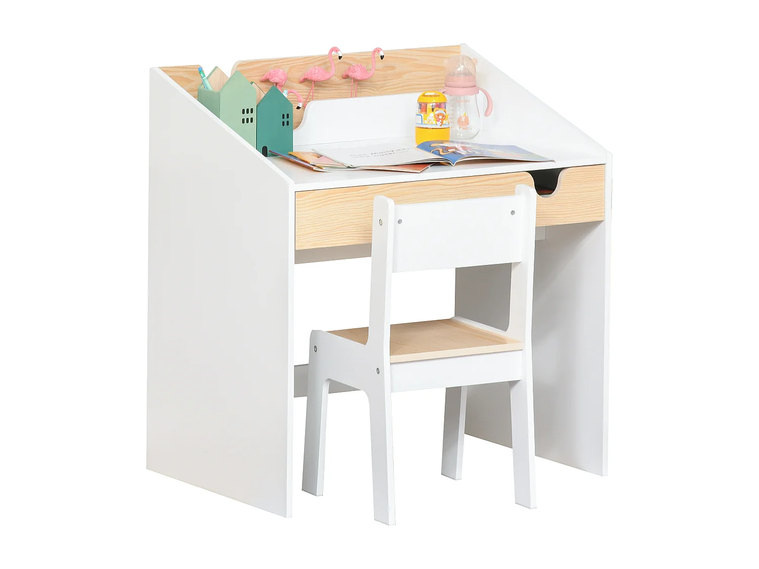 Set scrivania e sedia per bambini 6-10 anni con cassetto bianco legno