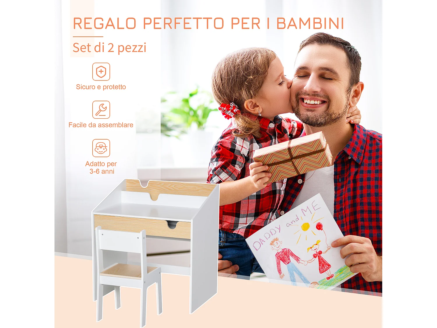 Set scrivania e sedia per bambini 6-10 anni con cassetto bianco legno