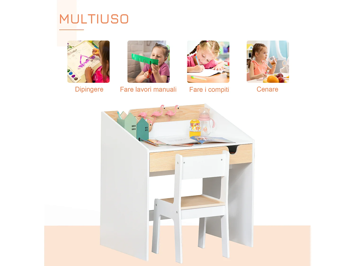 Set scrivania e sedia per bambini 6-10 anni con cassetto bianco legno