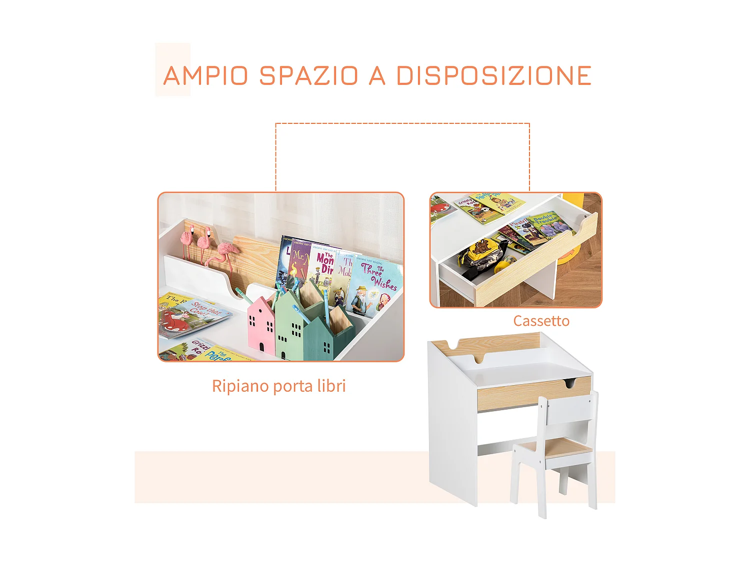 Set scrivania e sedia per bambini 6-10 anni con cassetto bianco legno