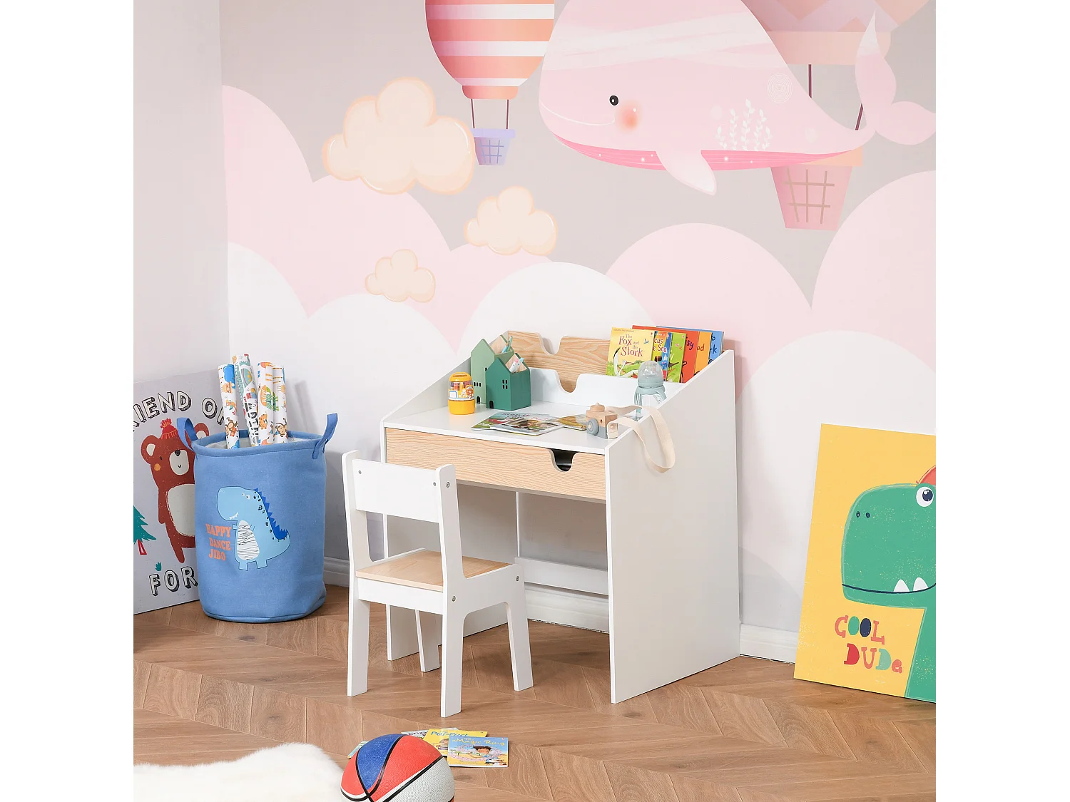 Set scrivania e sedia per bambini 6-10 anni con cassetto bianco legno