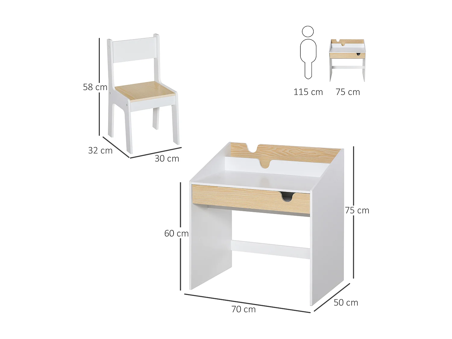 Set scrivania e sedia per bambini 6-10 anni con cassetto bianco legno