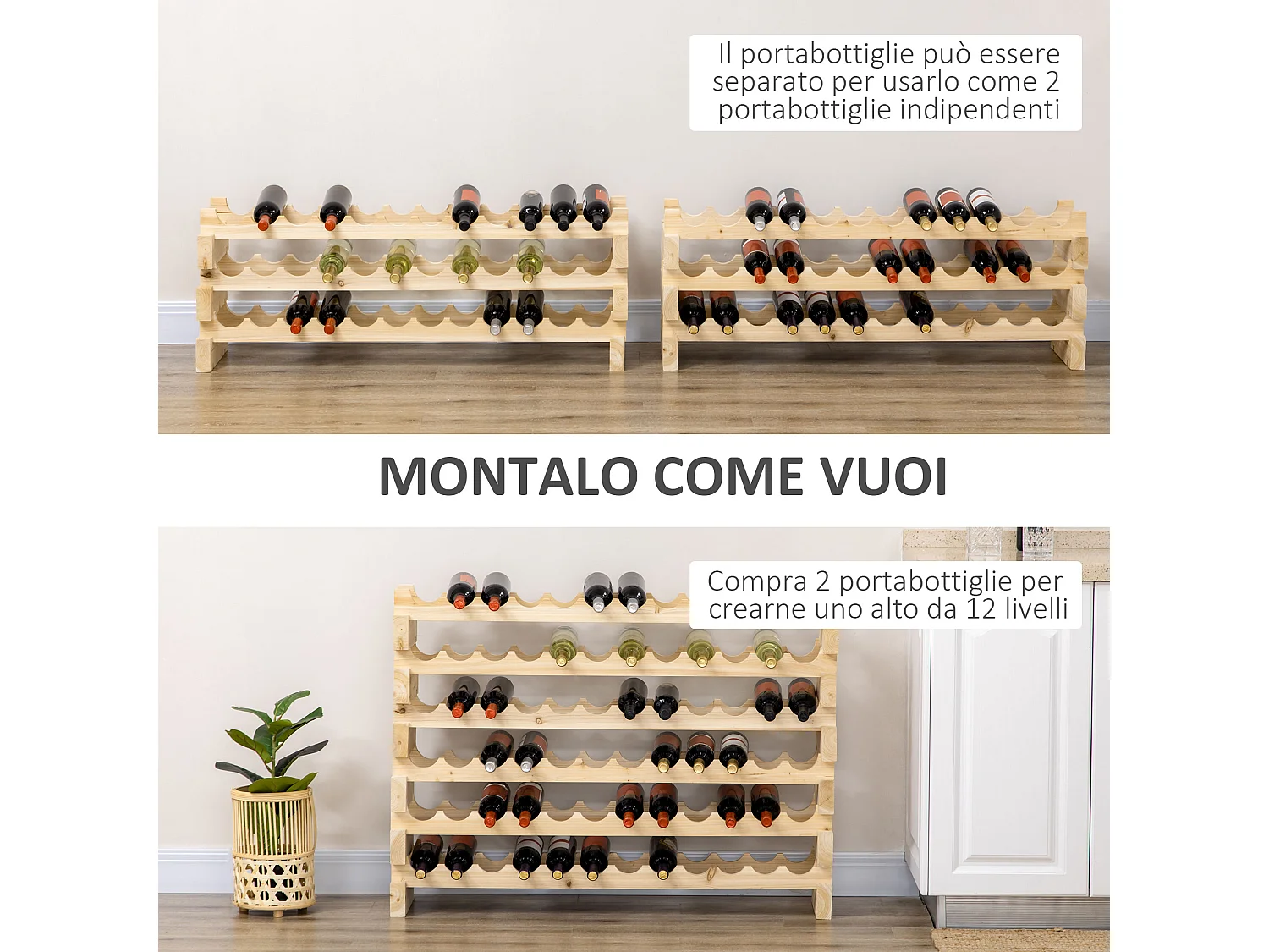 Scaffale portabottiglie in legno di pino colore legno