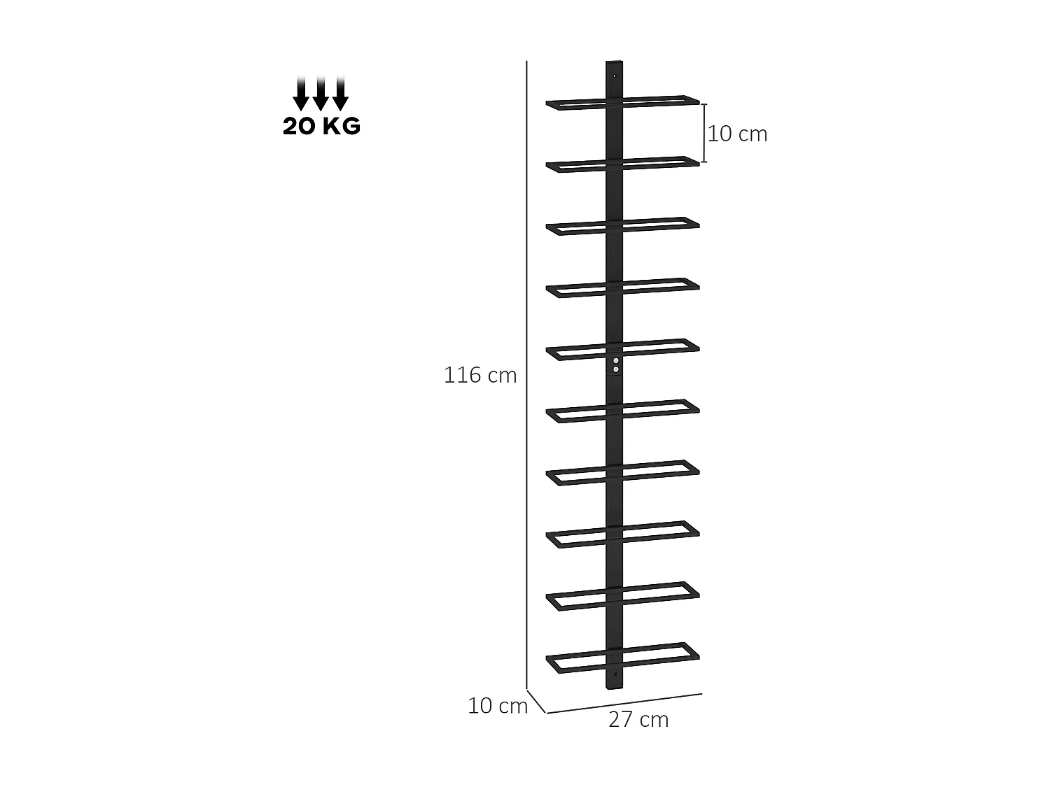 Portabottiglie da parete a 10 ripiani in acciaio 27x10x116 cm nero